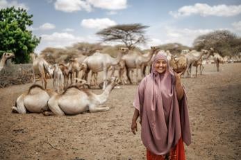 Kenyan woman with camels in background