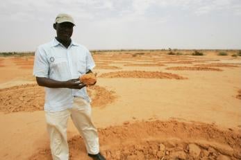 Prosper global program manager moctar hamidou shows the half-moons that will allow the land to retain more water when rains return.