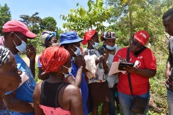 In Grand'Anse, Haiti, a Prosper Global team member helps farmers set up mobile accounts for emergency cash aid transfers. 