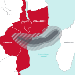 A map showing the storm path of cyclone idai, which struck between madagascar and the coast of mozambique, and has heavily impacted zimbabwe