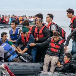 Refugees on inflatable boats