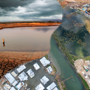 A composite photo of drought stricken and flood stricken landscapes.