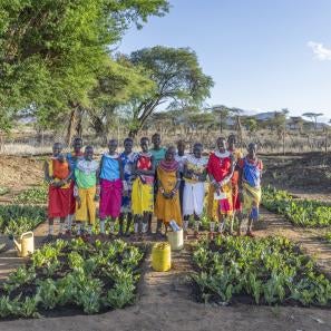 Kenyan community members standing as a group amidst agricultural crops.